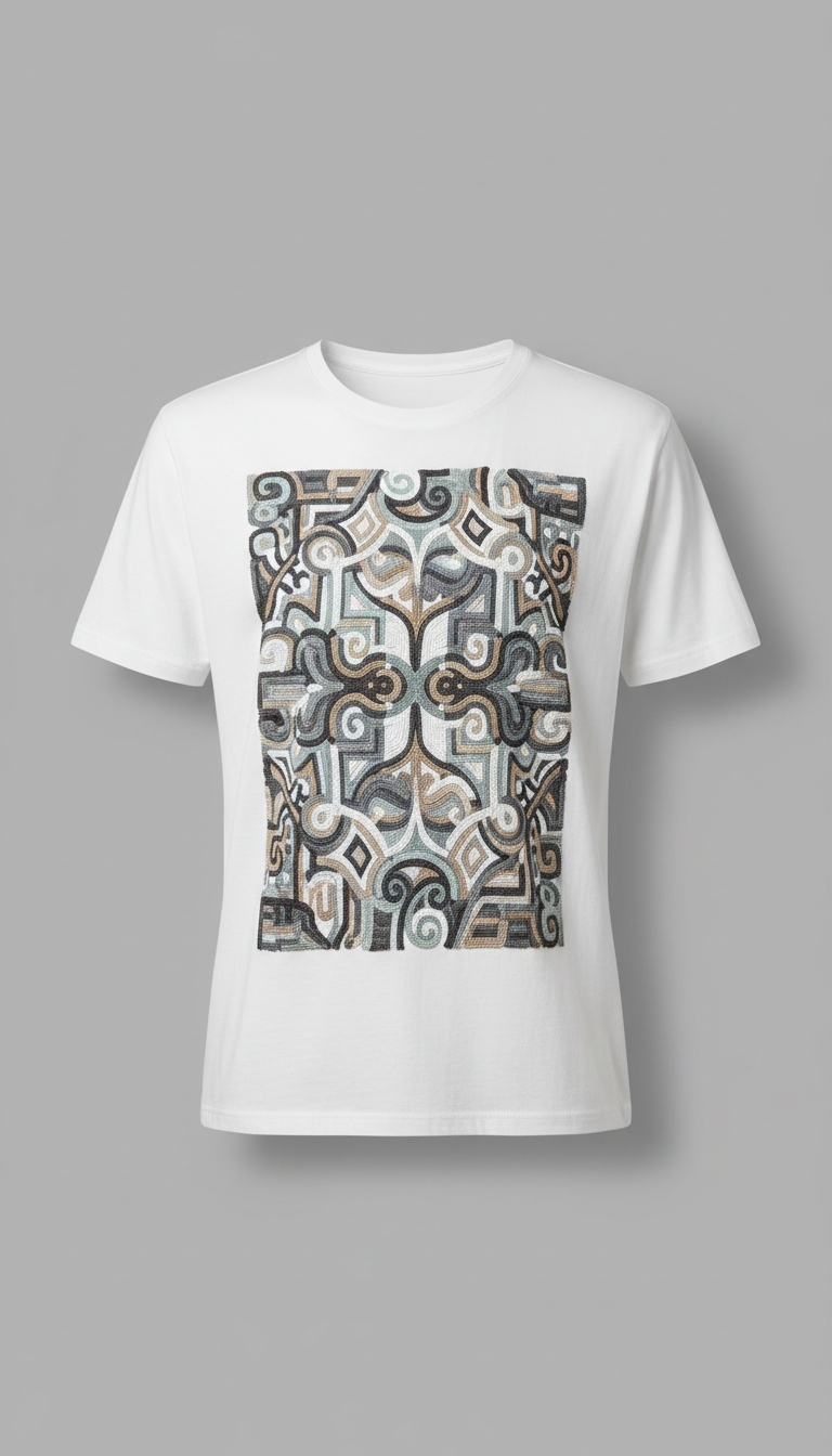 White T-Shirt with Abstract Monochrome Embroidery